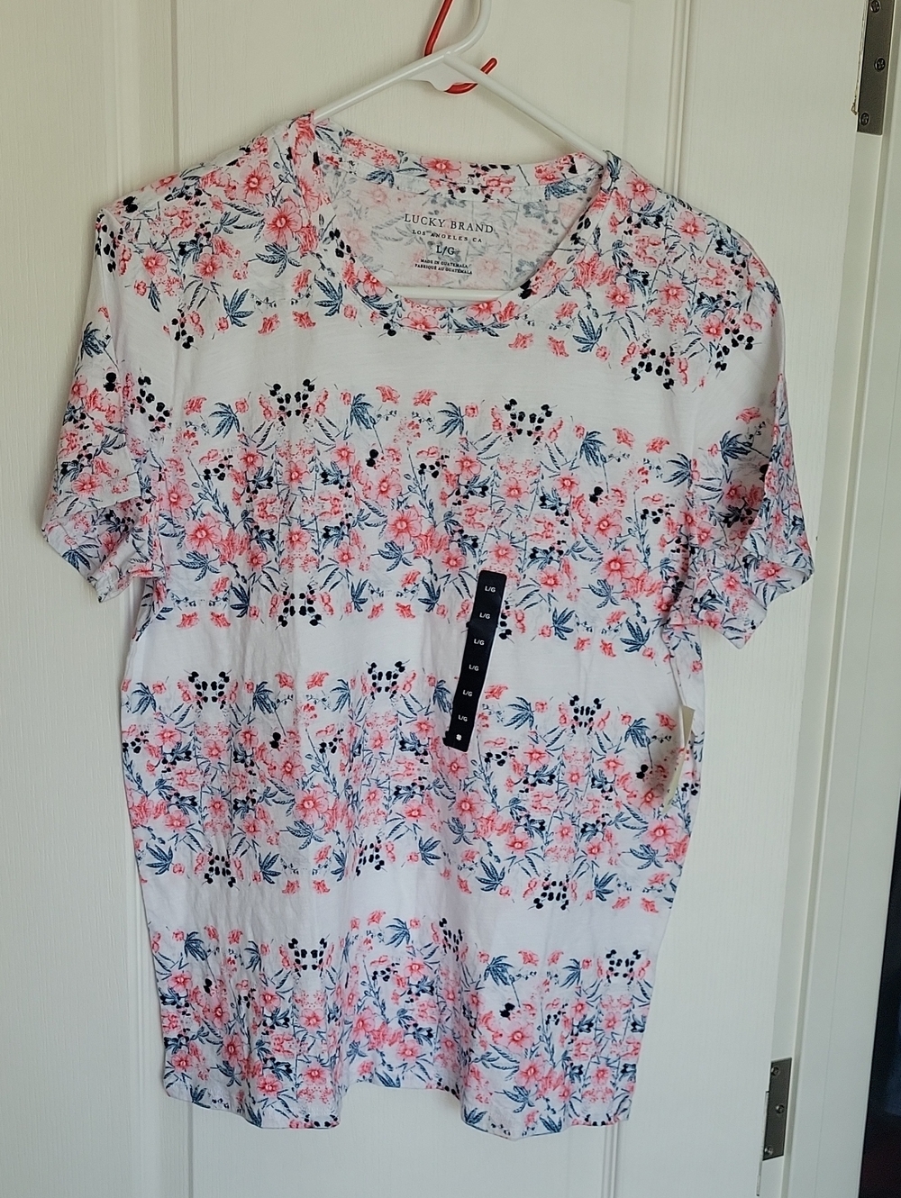 Lucky Brand White Tee with Coral Floral & Blue Leaf Print. NWT